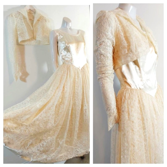 Vintage 40s 50s wedding gown liquid satin and lace wedding dress - Picture 1 of 10